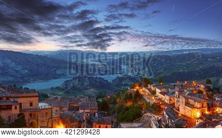 Sunrise Old Medieval Stilo Famos Calabria Village View, Southern Italy.