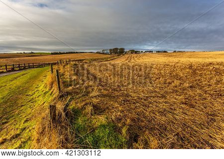 View Of The Farmhouse, Stone Mansion. Characteristic, Typical Scottish Architecture. Stonehaven, Abe