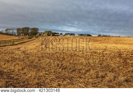 View Of The Farmhouse, Stone Mansion. Characteristic, Typical Scottish Architecture. Stonehaven, Abe