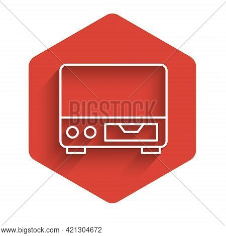 White Line Old Video Cassette Player Icon Isolated With Long Shadow. Old Beautiful Retro Hipster Vid