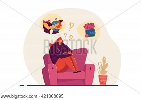 Woman Deciding Between Family And Career. Female Sitting On Sofa Thinking Of Ways To Live Her Life. 