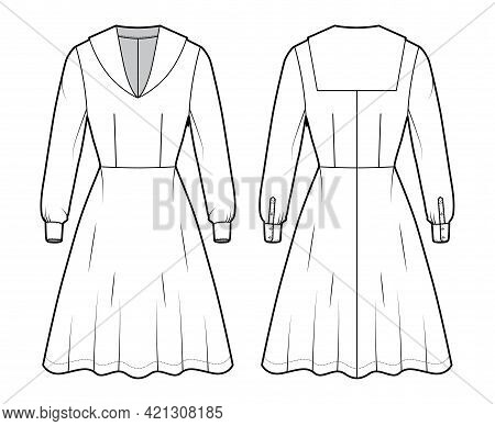 Dress Sailor Technical Fashion Illustration With Middy Collar, Long Sleeve With Cuff, Fitted Body, K