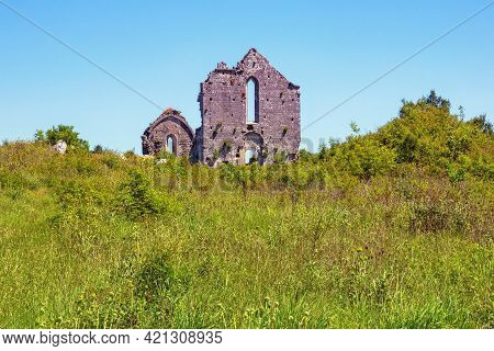 Ruins Of Ancient Church. Montenegro, Ulcinj. Green Meadow Near Old Town Shas