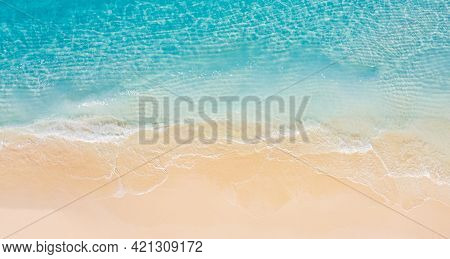 Aerial View Of Sandy Beach And Ocean With Waves. Sea Aerial View, Top View, Amazing Nature Backgroun