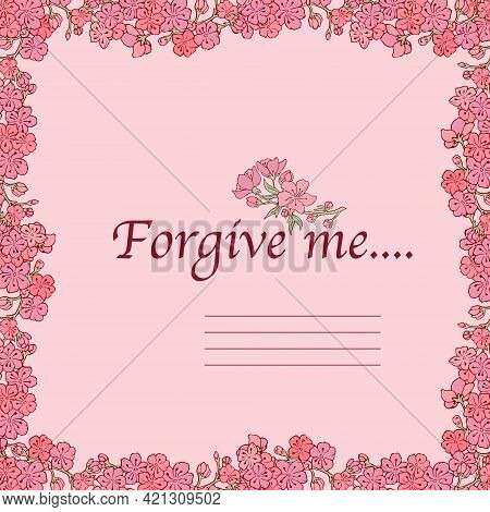 Forgive Me. Postcard. Letter. Cherry Blossoms. Sakura. Vector Illustration. Vector. Stock Vector. Pi
