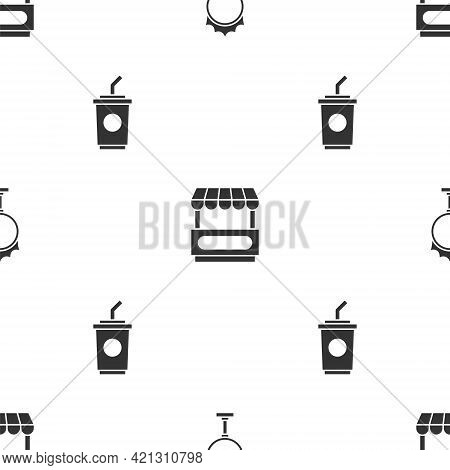 Set Circus Fire Hoop, Fast Street Food Cart And Paper Glass With Water On Seamless Pattern. Vector