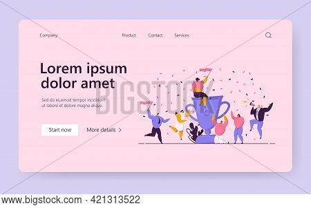 Business Team Giving Winning Party, Celebrating Success, Getting Reward, Dancing Around Huge Prize C