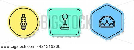 Set Line Car Spark Plug, Gear Shifter And Speedometer. Colored Shapes. Vector