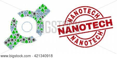 Winter Covid-2019 Composition Artificial Joint, And Rubber Nanotech Red Round Stamp. Collage Artific