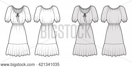 Dress Peasant Technical Fashion Illustration With Elbow Sleeves, Fitted Body, Knee Length Peplum Pen