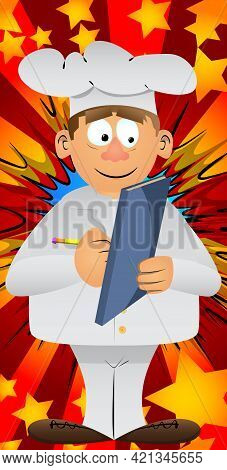 Fat Male Cartoon Chef In Uniform Writing On A Books Cover. Vector Illustration. Cook With A Notebook