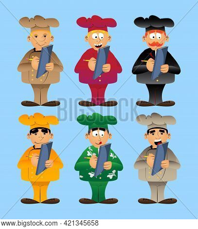 Fat Male Cartoon Chef In Uniform Writing On A Books Cover. Vector Illustration. Cook With A Notebook