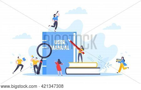 User Manual Guide Book Flat Style Design Vector Illustration. Tiny People, Magnifying Glass And Guid