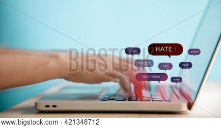 Cyber Bullying And Racist Via Internet Concept. World Social Issue. Motion Blurred Image Of Person U