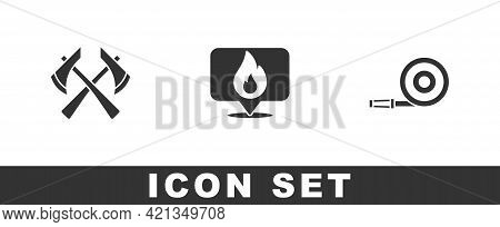 Set Firefighter Axe, Location With Fire Flame And Hose Reel Icon. Vector