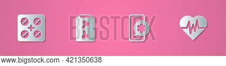 Set Paper Cut Pills In Blister Pack, X-ray Shots, Emergency Phone Call And Heart Rate Icon. Paper Ar