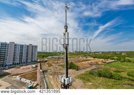 Telecommunication Tower With Microwave Equipment 5g, Radio Panel Antennas, Outdoor Remote Radio Unit