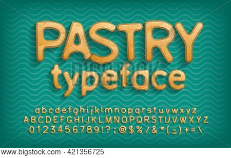 Pastry Alphabet Font. Cartoon Cookie Letters, Numbers And Punctuation. Uppercase And Lowercase. Stoc