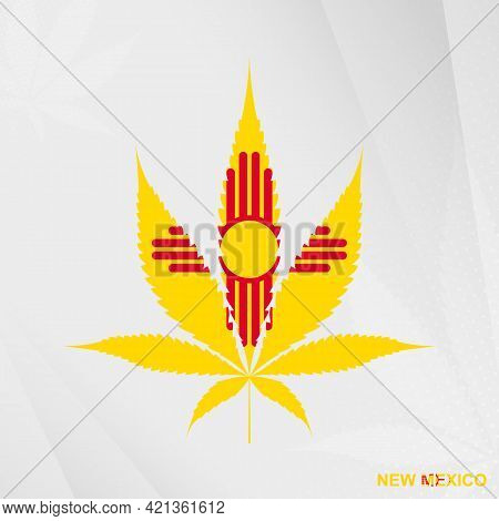 Flag Of New Mexico In Marijuana Leaf Shape. The Concept Of Legalization Cannabis In New Mexico. Medi