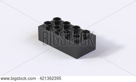 Black Plastic Building Toy Block On A White Background. 3d Illustration With A Work Path