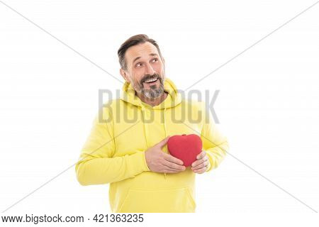 Happy Man In Hoody Hold Heart Shape Present Box Symbol Of Love Or Donation Isolated On White, Love.