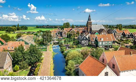 Aerial Drone View Of Marken Island, Traditional Fisherman Village From Above, Typical Dutch Landscap