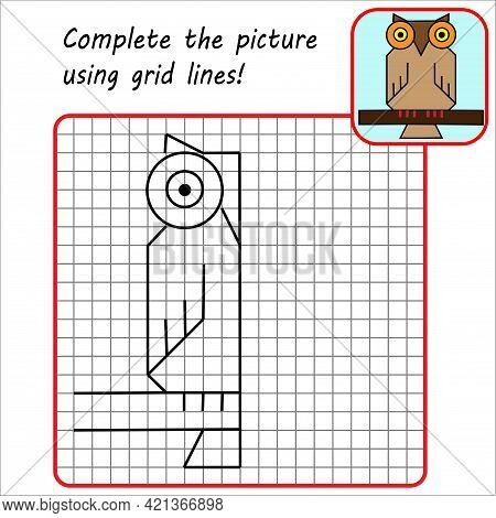 Educational Game For Kids. Simple Exercise Owl. Drawing Using Grid. Symmetrical Drawing. Vector Illu