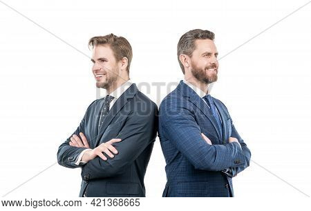 Two Happy Business Colleagues In Suit Cross Hands Isolated On White, Business