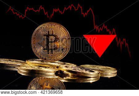 Crypto Collapse. Golden Coins With Bitcoin Logo Drop At Bear Market. Pullback Of Leader Cryptocurren