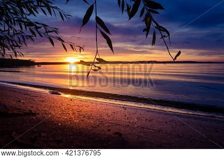 A Beautiful Sunset Scenery At The Lake With Tree Branch Sihouette. Lakeside Evening Landscape In Nor