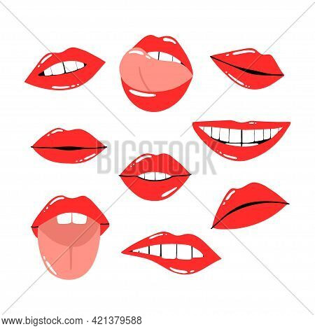 Red Lips. Female Sexy Lipstick Modern Collection. Woman Lip With Makeup, Tongue And White Teeth, Tre