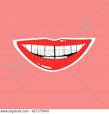 Red Lips. Female Sexy Lipstick Modern Poster Or Card. Woman Smile With Makeup, Tongue And White Teet