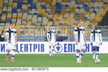 Kyiv, Ukraine - March 28, 2021: Finnish Players React After Missed A Goal During The Fifa World Cup 
