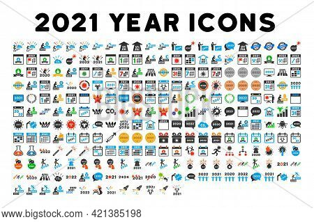 255 Icons For 2021 Year In Flat Style. 255 Icons For 2021 Year Is A Vector Icon Set With Coronavirus