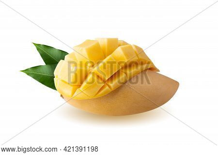 Rip Mango Slice Cubes Cut, Mango Half Cut In Cubes, Fresh Juicy Mango Fruit Isolated On A White Back
