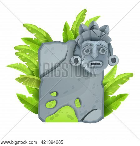 Stone Sign Board, Vector Game Rock Granite Frame, Cracked Maya Totem Face, Tribal Tiki Mask, Banana 