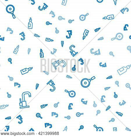 Set Line Water Tap, Frying Pan And Bottle Of Olive Oil On Seamless Pattern. Vector