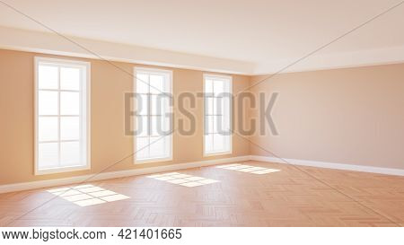 Interior Corner With Beige Walls, Parquet Floor, Three Large White Windows And A White Plinth, Illum