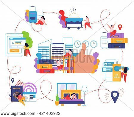 Hostel And Tourists Flat Infographics With People Planning Trip Location Markers On Map And Traveler