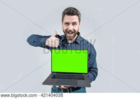 Webinar Pc Advertisement. Businessman Presenting Product. Success. Presentation On Computer.