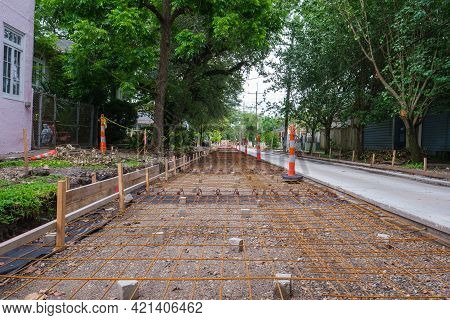 New Orleans, La - May 18: Rebar And Supports For Concrete Street Repair On Uptown Neighborhood Stree