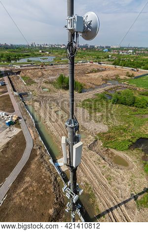 Telecommunication Tower With Microwave Equipment 5g, Radio Panel Antennas, Outdoor Remote Radio Unit
