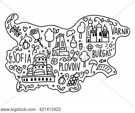 Illustrated Doodle Map Of Bulgaria. Famous Landmarks Temple, Cathedral, Rose, Rakia And Monument Shi