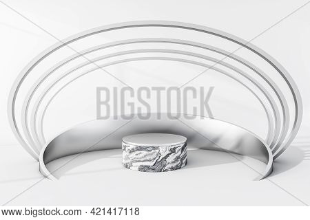 Silver Platform Stand Decoration. Luxury Marble Mockup Stand For Product Display, Advertising Goods.