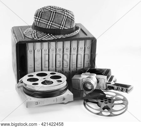 Old 16mm Movie Equipment From The 1940's In Black And White.