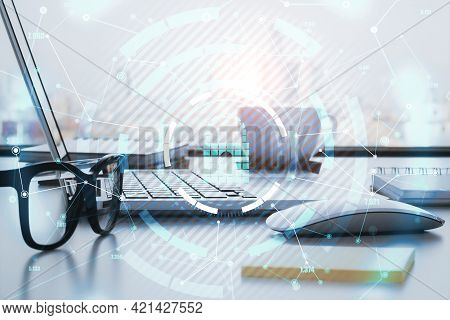Encircled Keylock Hologram Icon With A Laptop And Glasses In The Background, Data Safety And Cyberse