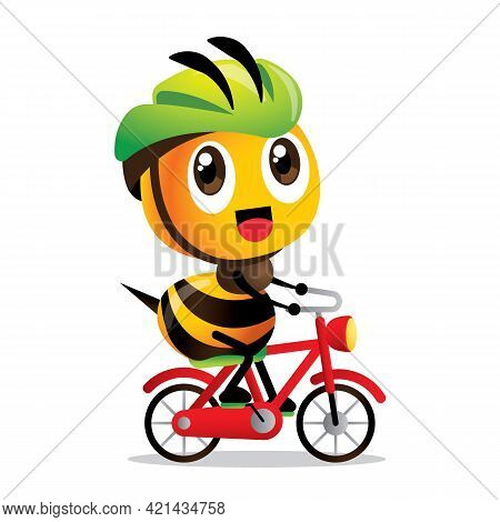 Cartoon Cute Happy Bee Cycling Red Bicycle With Green Safety Helmet Vector Mascot