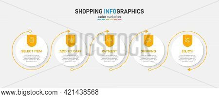 Concept Of Shopping Process With 5 Successive Steps. Five Colorful Graphic Elements. Timeline Design