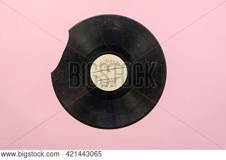Old Damaged  Vinyl Record With The Popular Soviet Song Let's Never Quarrel, Sings Tamara Miansarova.