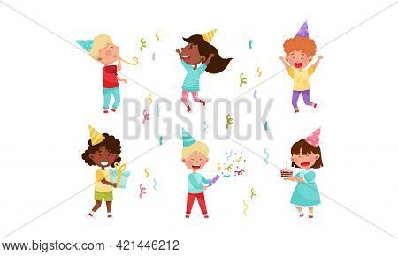 Kid Characters In Birthday Hat At Party Holding Gift Box And Cracker Vector Illustration Set